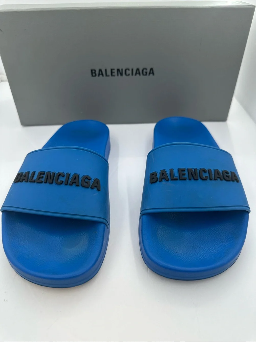 Balenciaga Pool Slide Sandals Screen Blue Black Logo Women’s  Size US 6